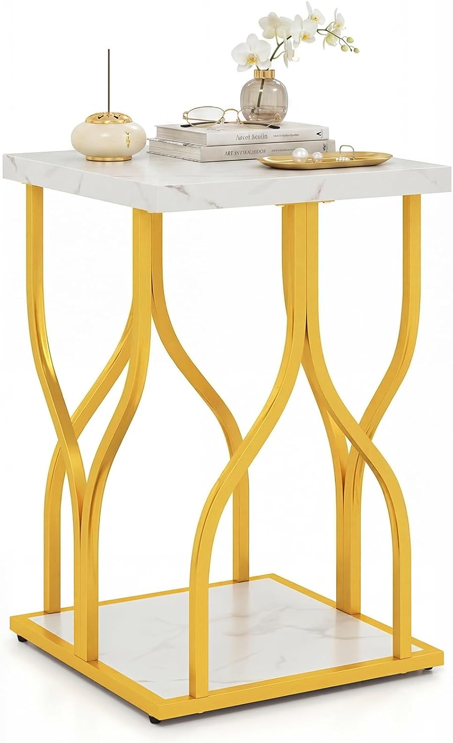 Giantex 2-Tier End Table, Faux Marble Bedside Night Stand with Storage Shelf ...