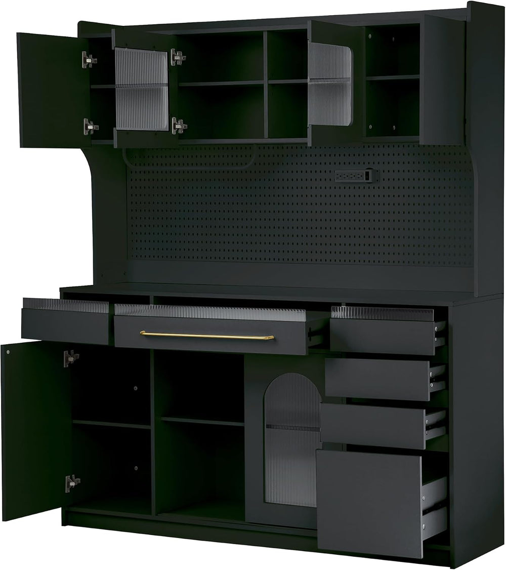 Freestanding Kitchen Pantry Cabinet with Hutch, Large Coffee Bar Storage Cabi...