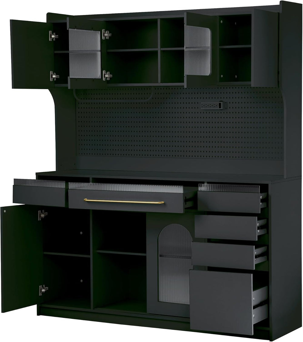 Large Pantry Cabinet with Hutch and Adjustable Shelves, Freestanding Coffee B...