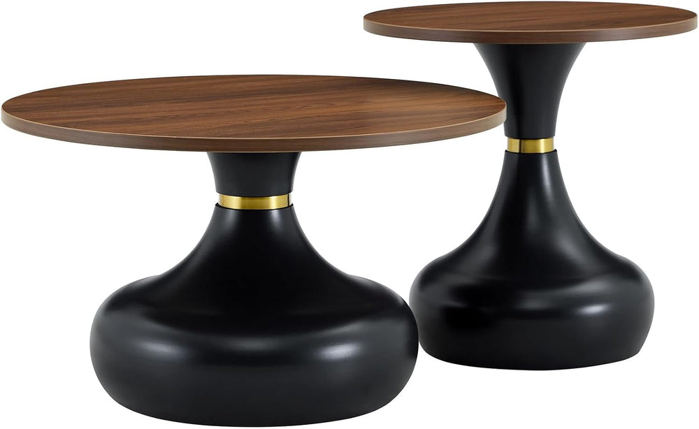 2-Piece Nesting Coffee Table Set, Walnut MDF Tops, Black Metal Bases
