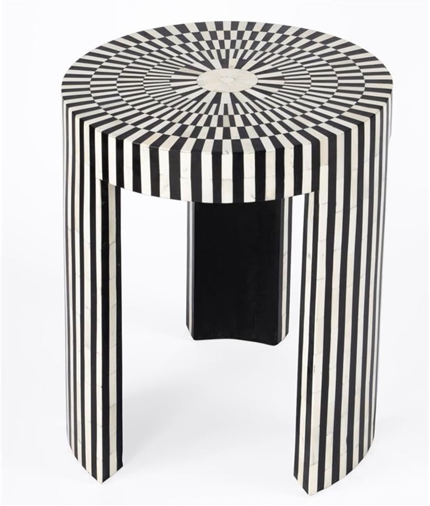 Beaumont Lane Transitional Round Bone Inlay Side Table, Black and White Finis...
