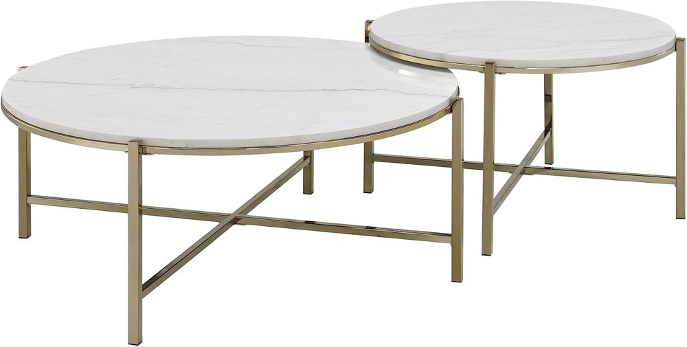 Marble Top & Nickel Finish Nesting Table Set with White | Luxurious 2-pie...