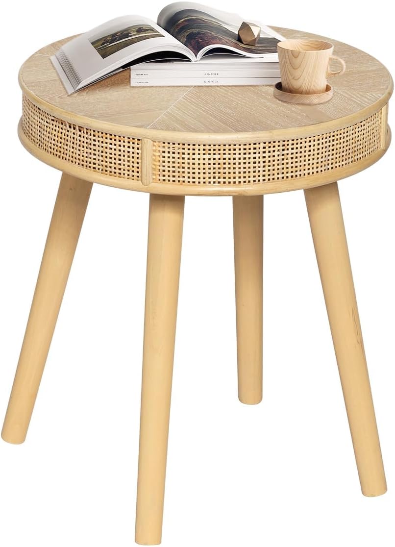 RUSTOWN 2-Piece Farmhouse Coffee Table, Modern Round Rattan Side Tables | Rus...