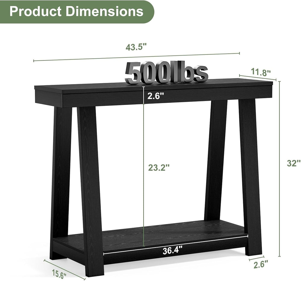 Black Console Table, 43.5" Narrow Black Entryway Table with 2-Tier Stora...
