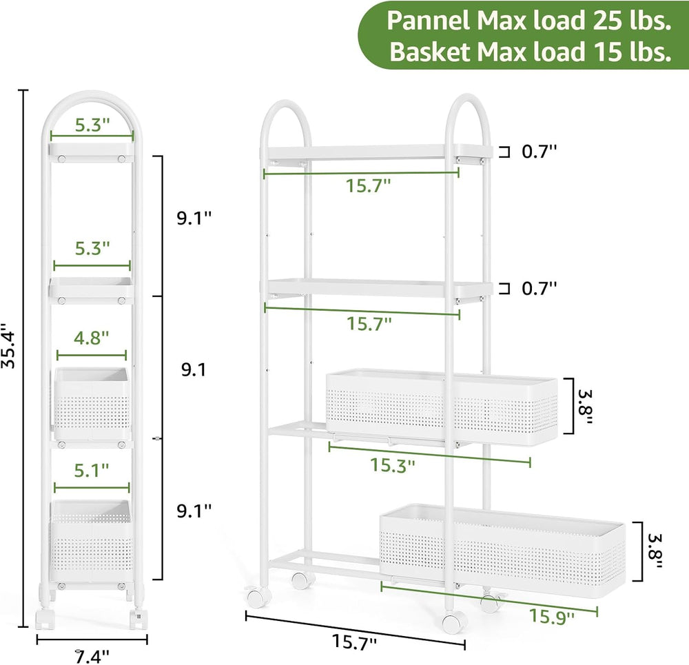 KINGRACK 4 Tier Slim Rolling Cart with Drawer, Metal Utility Storage Cart | 2...
