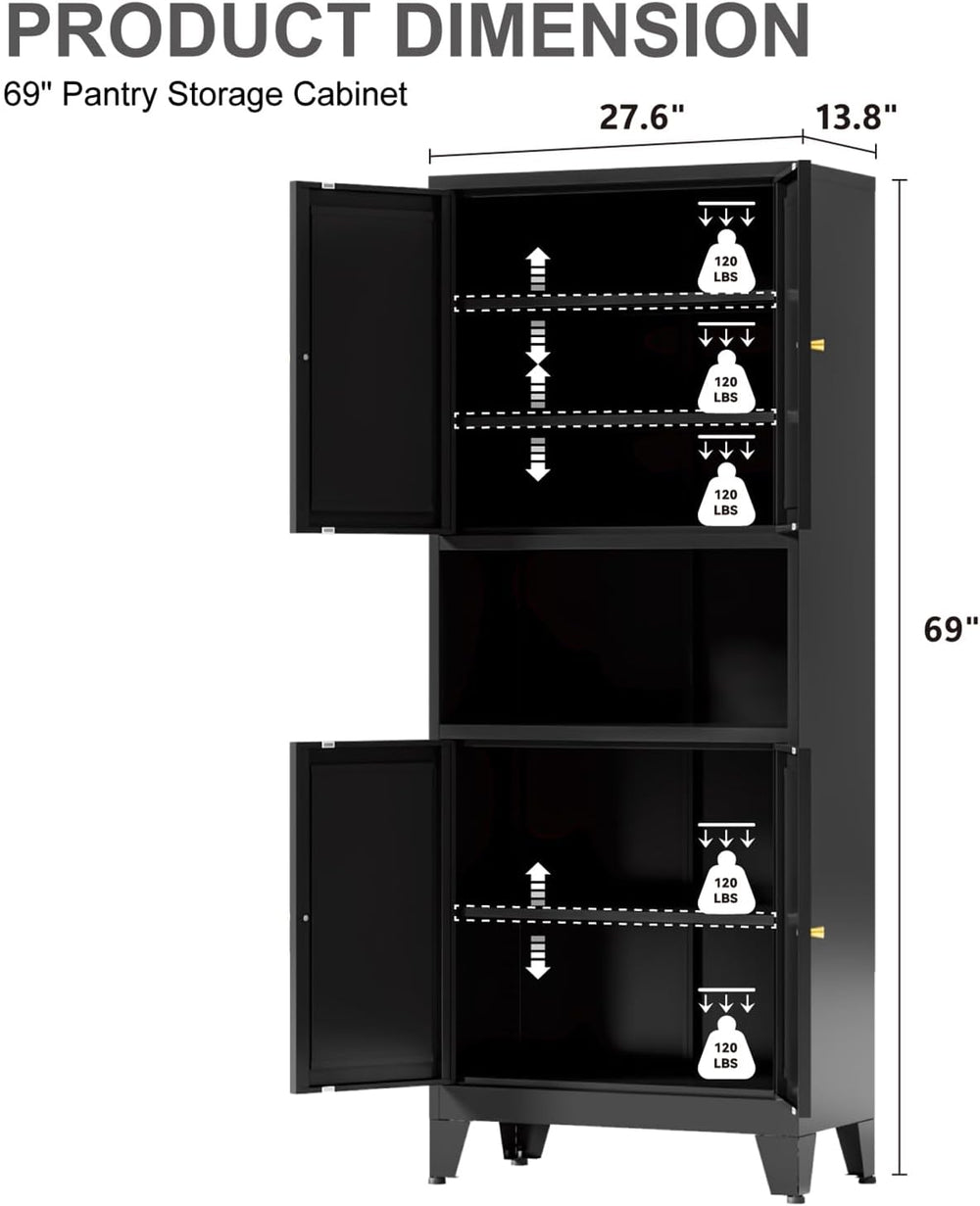 Metal Kitchen Pantry Cabinet, 69" Tall Black Storage Cabinet with 4 Door...