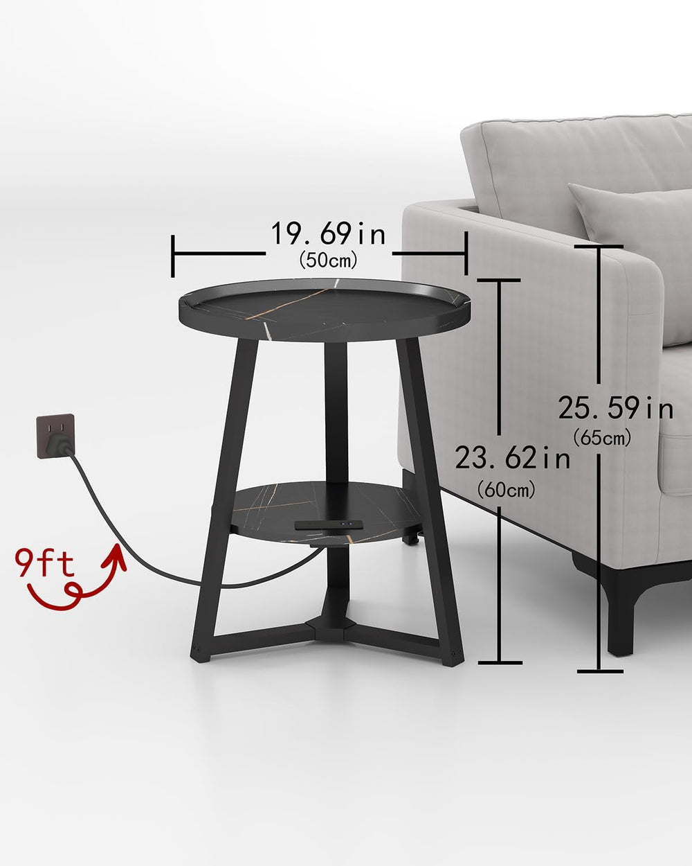 KJGKK Round End Table with Charging Station, 19.7" Dia x 23.63" H, ...