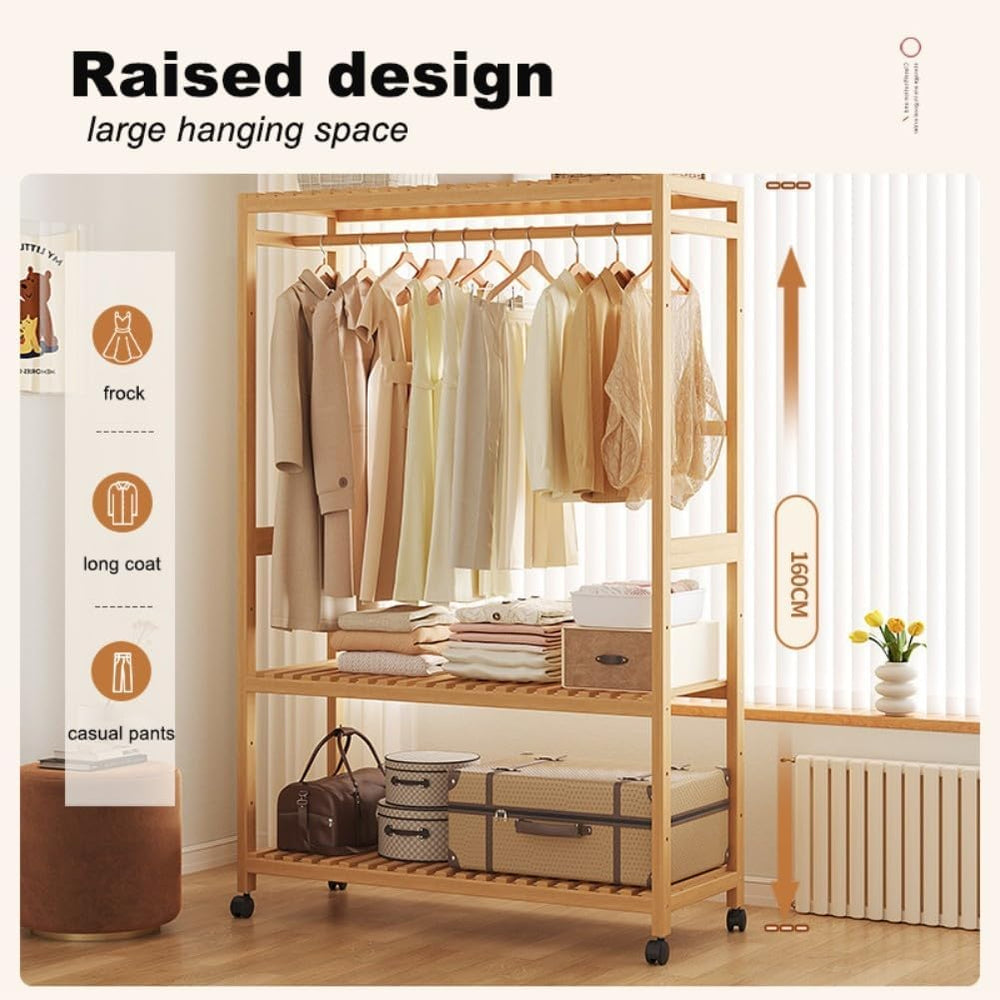 Bamboo Open Wardrobes with Wheels,Stable Clothes Rail with Rod and 2 Storage ...