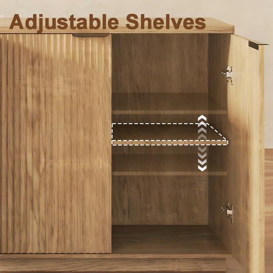 Fluted Sideboard Buffet Cabinet, 63" Wooden Credenza Storage Cabinet wit...