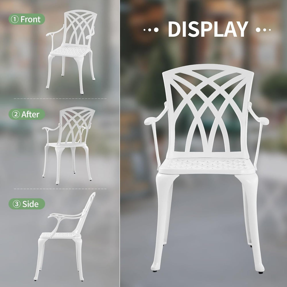 Modern White Cast Aluminum Outdoor Patio Dining Chairs, Set of 2, Ergonomic A...