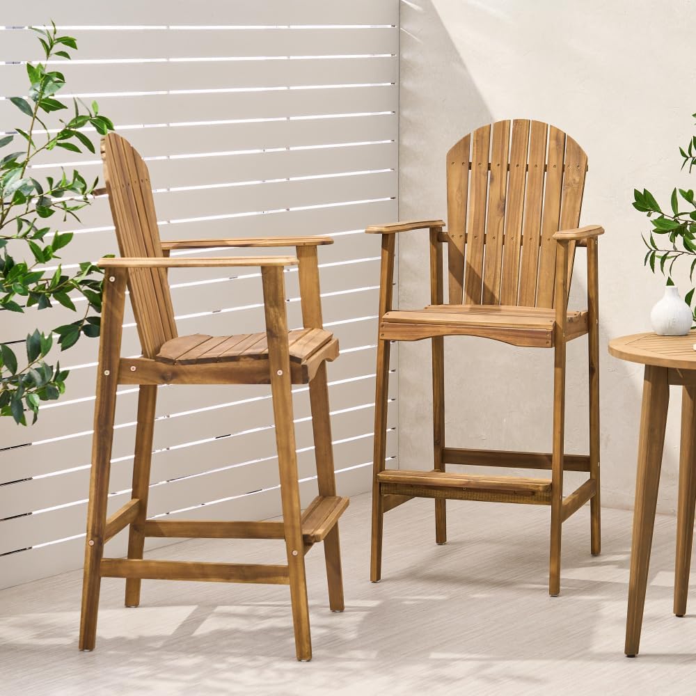 Saiveina Outdoor Acacia Wood Adirondack Barstools, Set of 2, Natural Stained