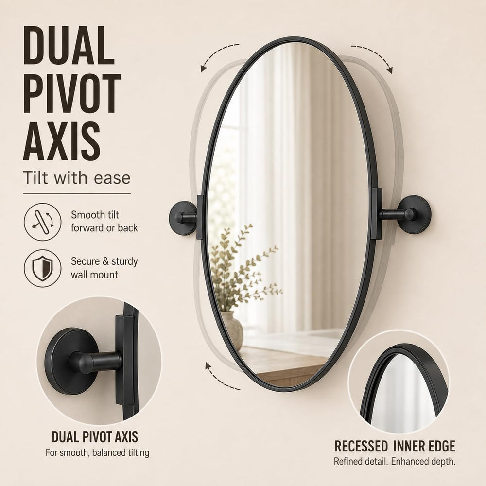 Black Pivot Mirror, 24 x 36 Inch Oval Bathroom Mirror for Wall, Tilting Metal...