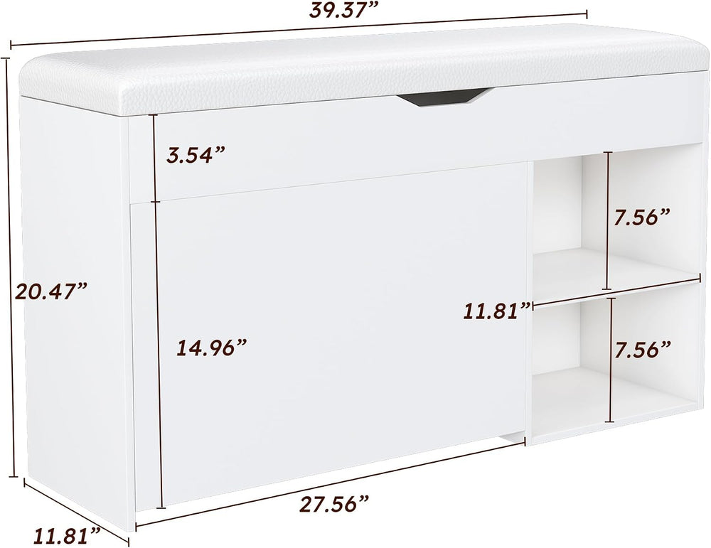 White Shoe Storage Bench, 3-Tier FlipUp Entryway Bench, 39.7 x 11.8X 20.47 Wo...