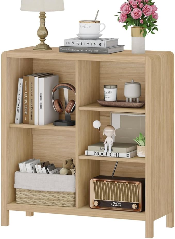 FATORRI 5 Cube Bookshelf, Wood Bookcase with 3 Adjustable Shelves, Modern Cub...
