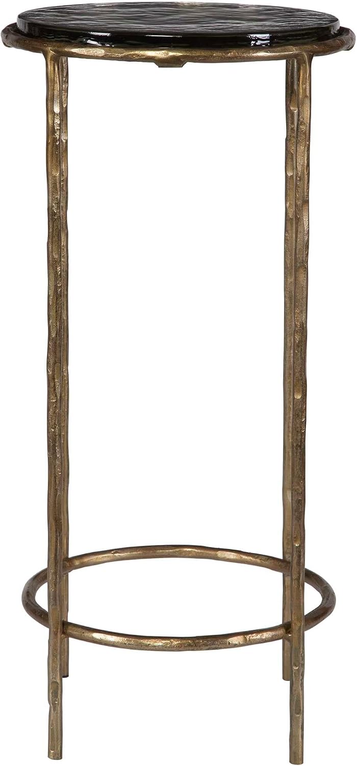 Antique Gold Textured Iron Accent Table with Recycled Glass Top Modern Round ...