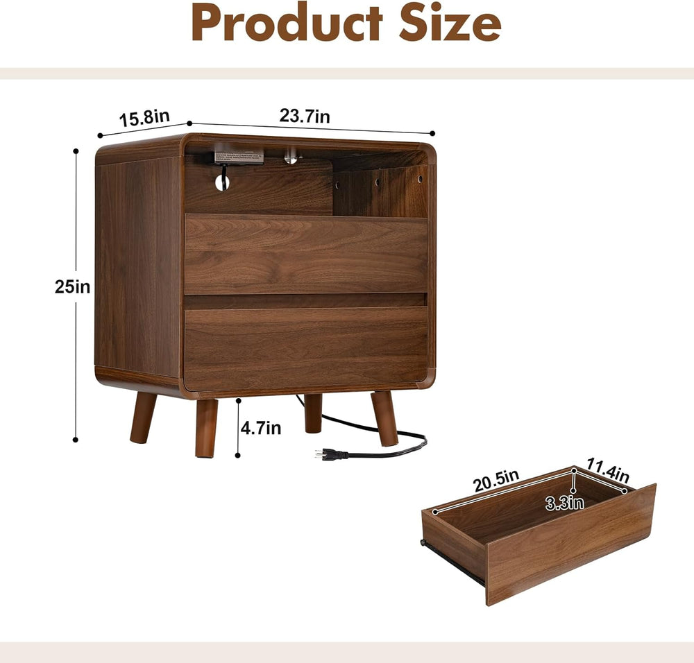Nasonet Mid Century Modern Nightstand with Charging Station, Wood Bedroom End...