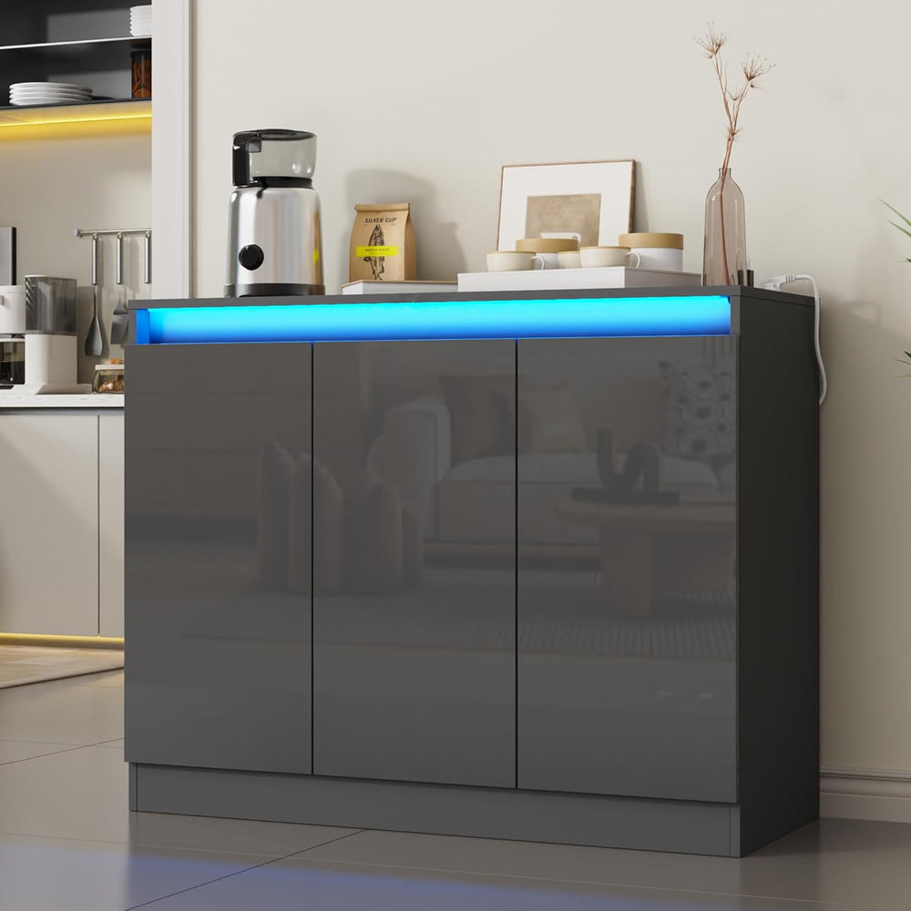 Furnify High Gloss Buffet Cabinet with LED Lights, Modern Sideboard Coffee Ba...