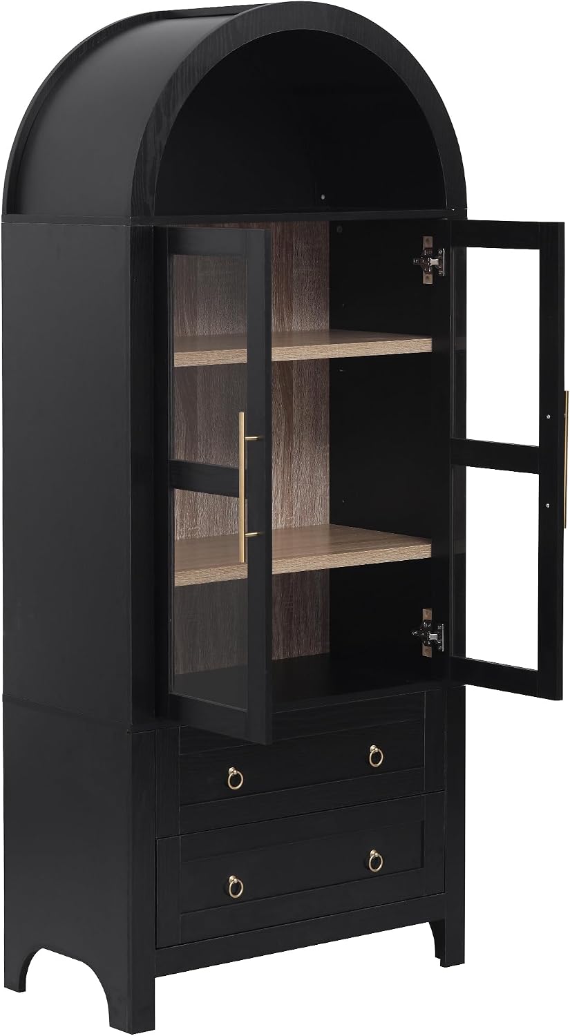 Modern Tall Arched Kitchen Pantry Cabinet with 2 Drawers, Wood Storage Cabine...