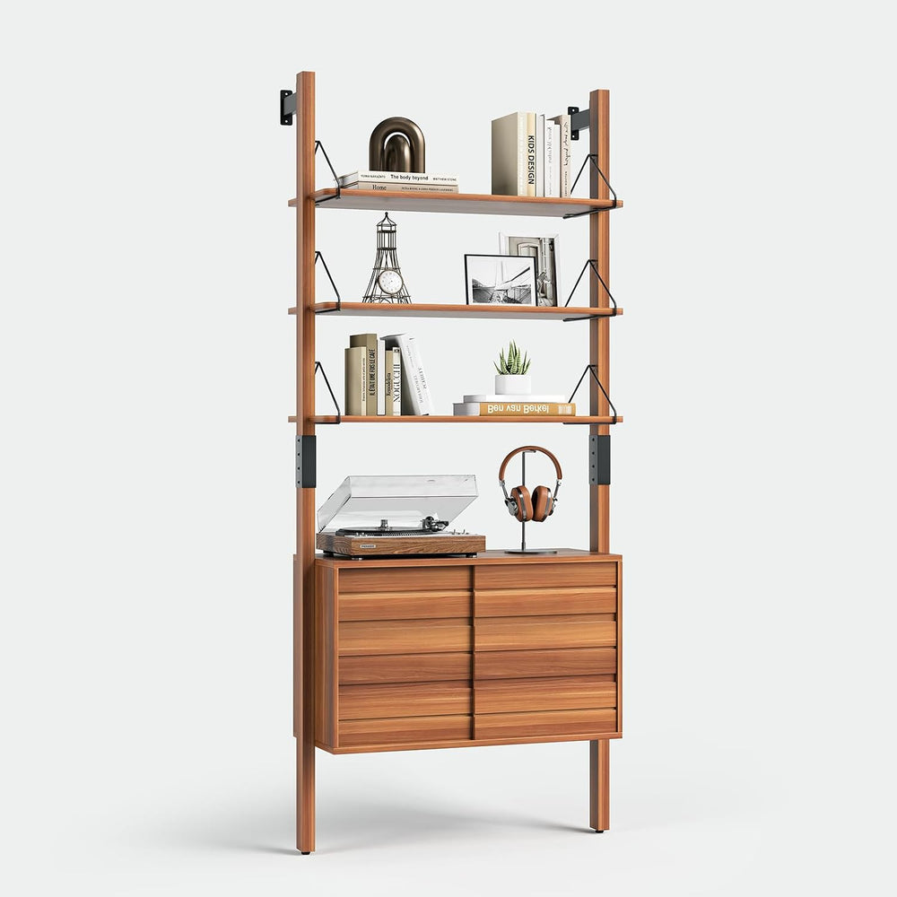 JOINICE 6 Tier Ladder Bookshelf with Storage Cabinet for Living Room,Cherry