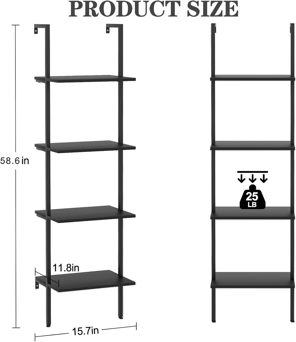 Ladder Shelf 4 Tiers Metal Industrial Bookshelf,Black Wooden Tall Open Storag...