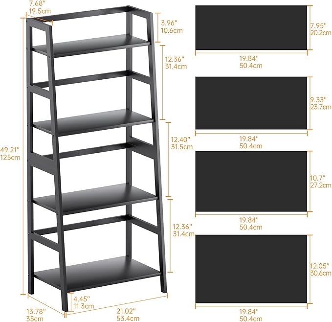 HITNET Ladder Shelf Black, 4-Tier Bookshelf, Freestanding Bathroom Storage Ra...