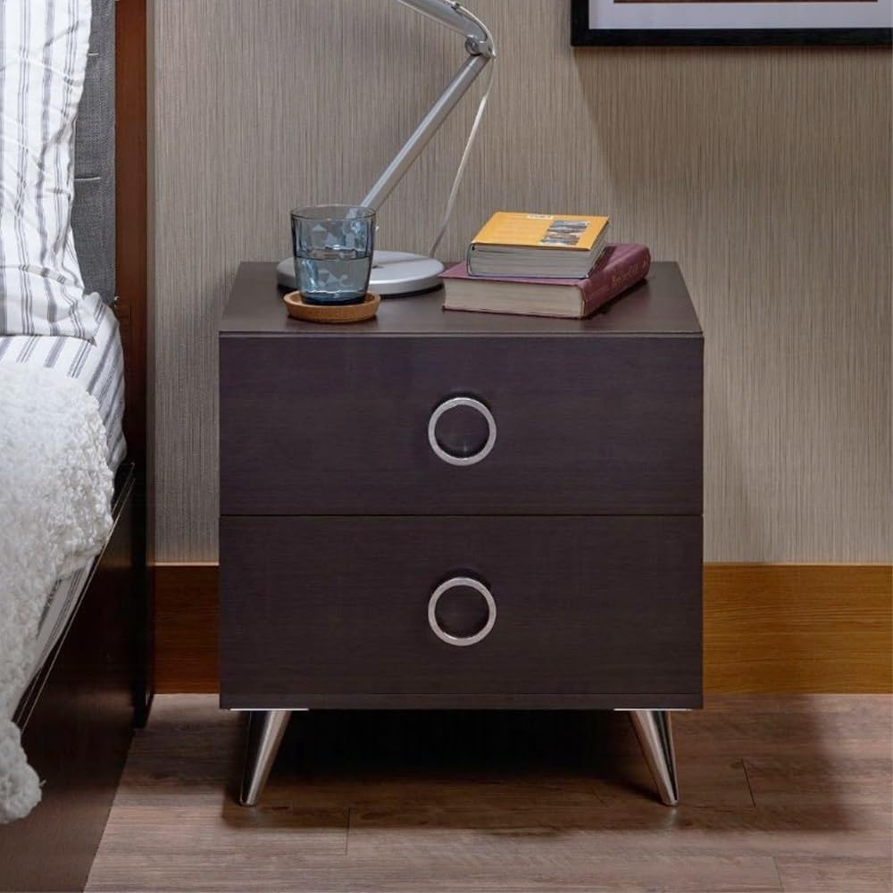 2 Drawers MDF Nightstand with Plastic Legs, Espresso,for Small Spaces