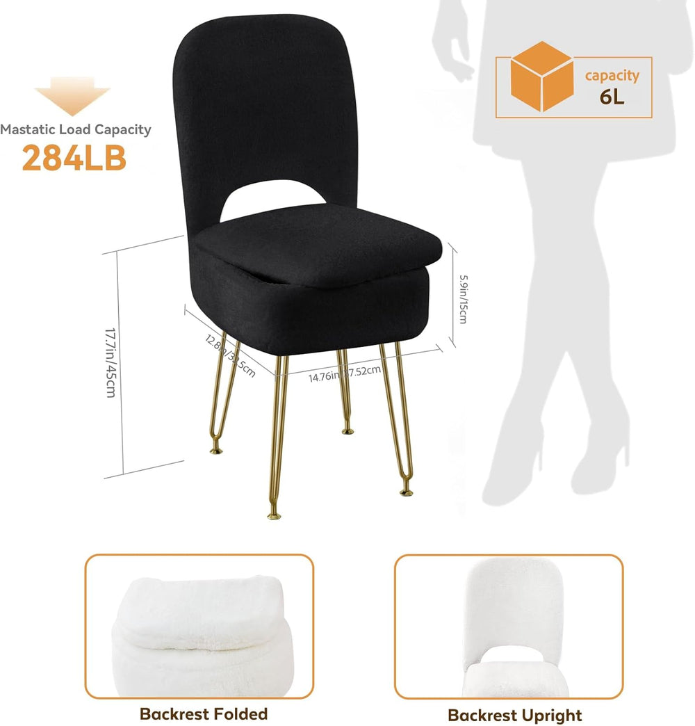 BRIAN & DANY Vanity Chair with Storage and Folding Back, Faux Fur Square ...