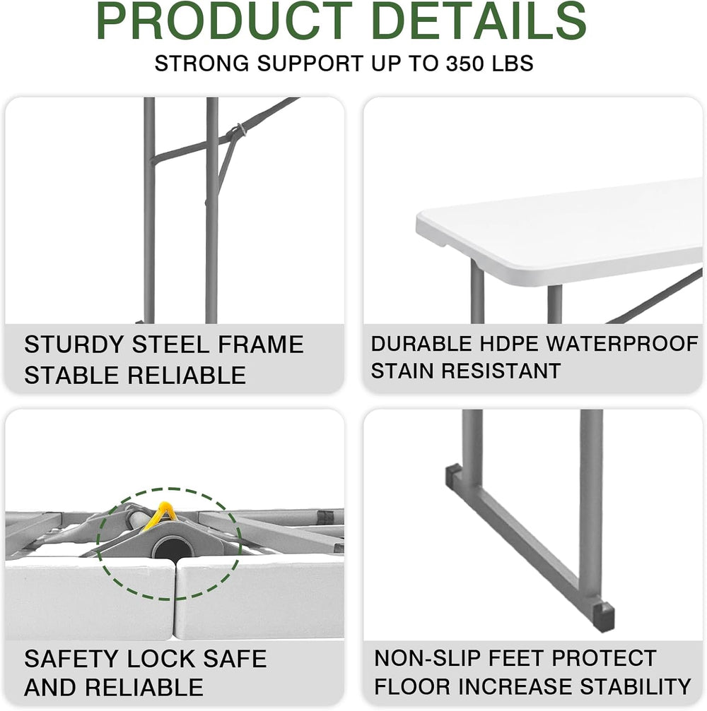 6FT Narrow Folding Table, Fold in Half, Portable, White