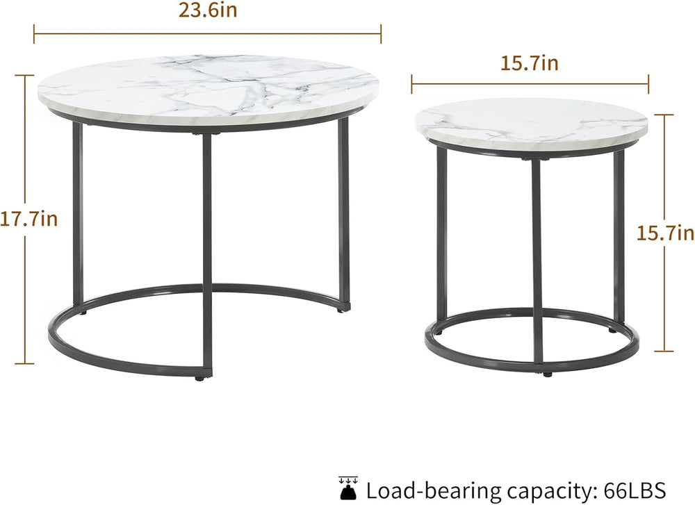 Round Nesting Coffee Table Set of 2, Modern Marble Pattern Wooden Nesting Tab...