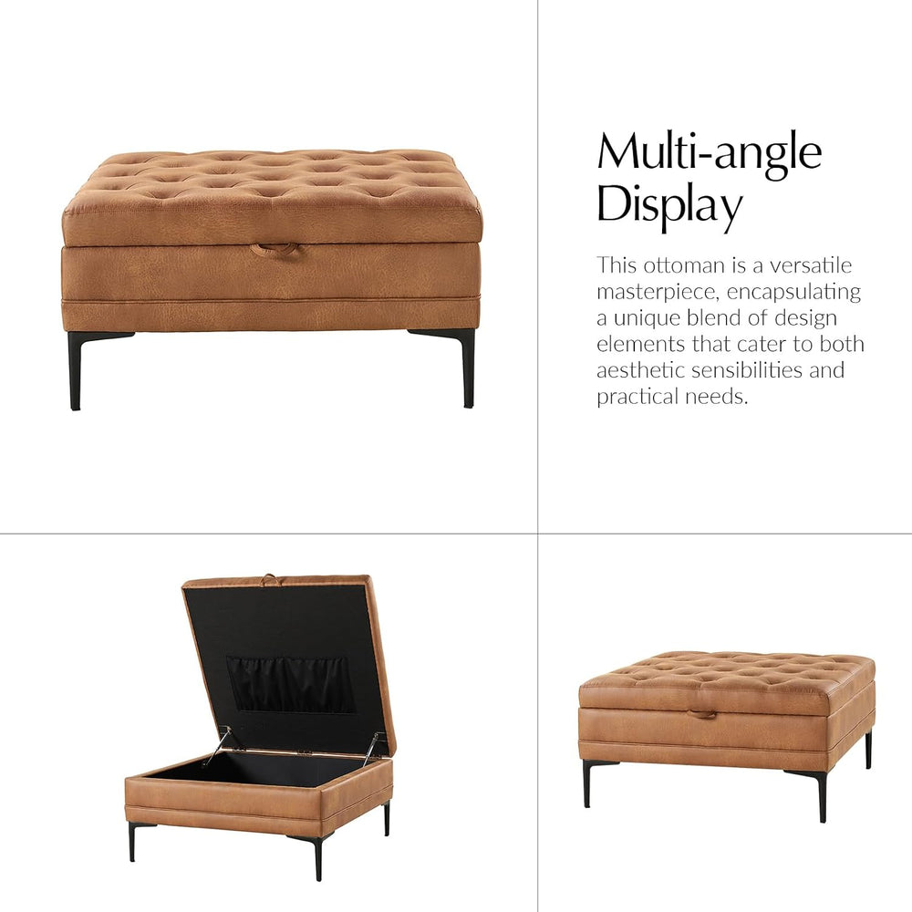 HULALA HOME Tufted Faux Leather Coffee Table, Camel | 36.5" Square Stora...