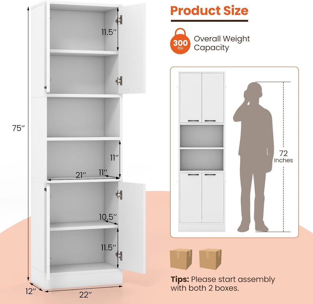 Giantex Kitchen Pantry Cabinet, 75” Tall Freestanding Cupboard with Doors &am...