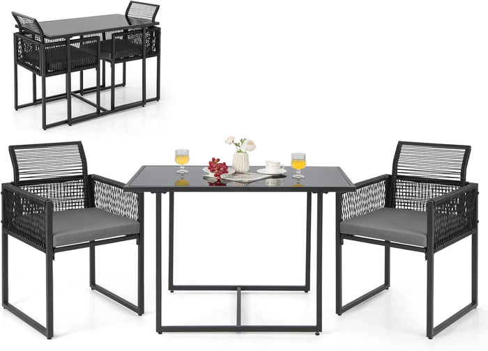 HAPPYGRILL 3 Pieces Outdoor Patio Dining Set, PE Rattan Furniture Set with Cushions, Tempered Glass Tabletop, Space-Saving Rattan Dining Chair Table Set for Backyard Poolside Balcony