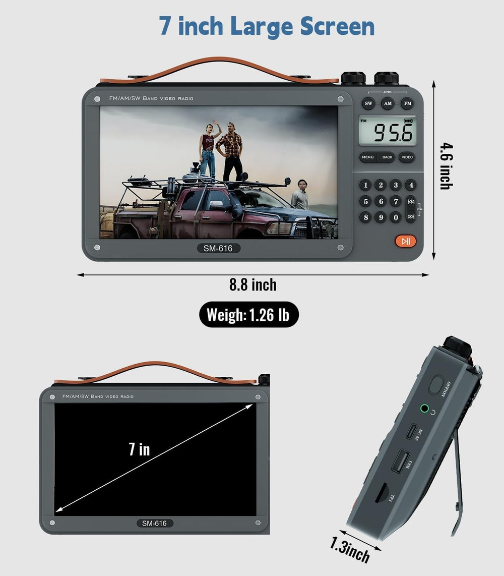 720P 7Inch Screen AM FM Movie Video Radio with Bluetooth Speaker, Rechargeabl...