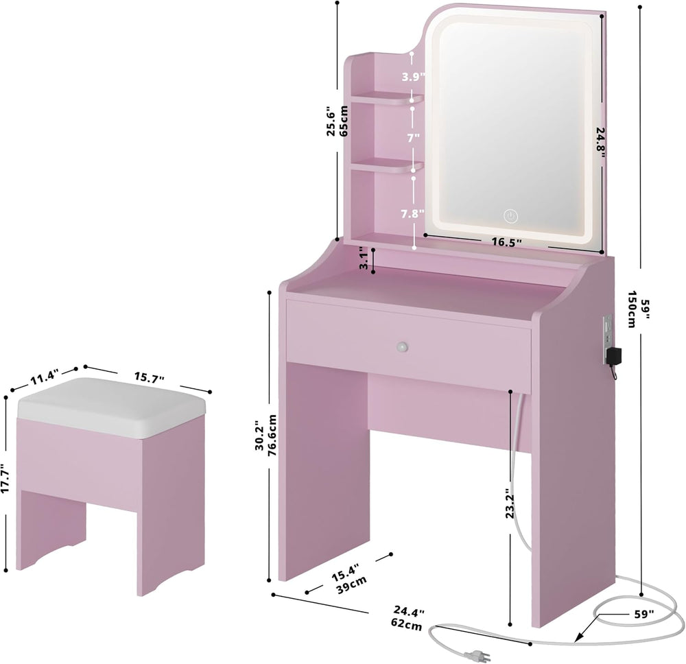 LIKIMIO Small Vanity Desk with Storage Stool and Mirror Lights | Pink compact...