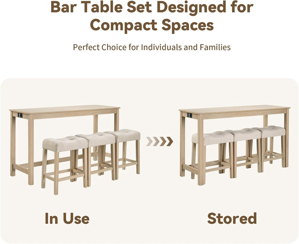 59" Counter Height Bar Table Set with Power Outlet, Industrial Breakfast...
