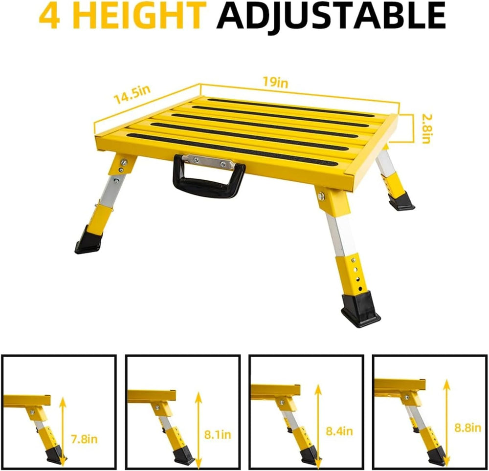 Large Adjustable Aluminum RV Step Stool, Folding Non-Slip Platform