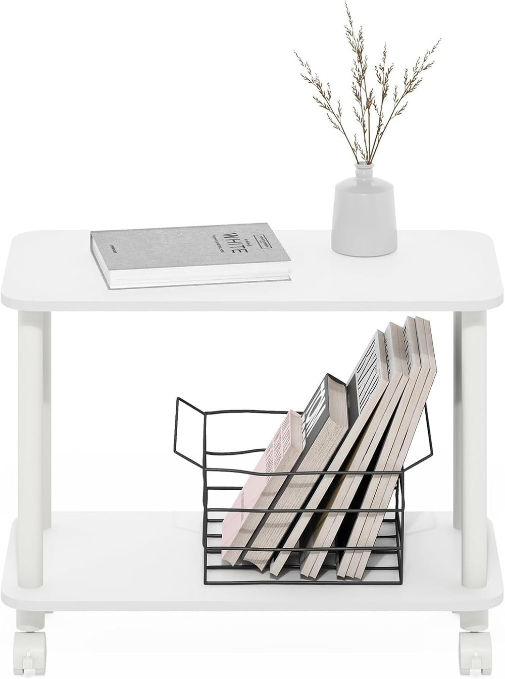 Modern End Table with Wheels 2 Tier Rectangular Side Table with Lockable Cast...