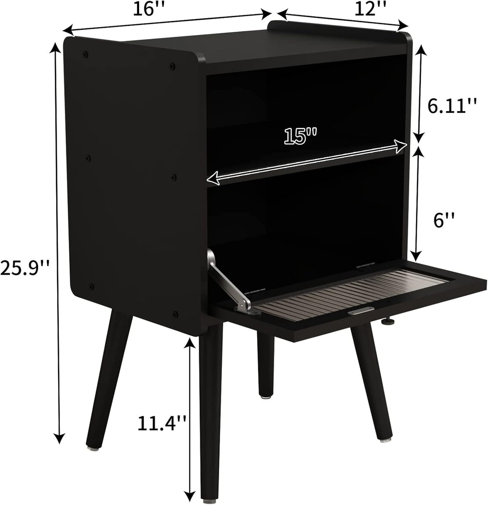 Mid Century Modern Nightstand, Bedside Table with Glass Door, Black | Side Ta...