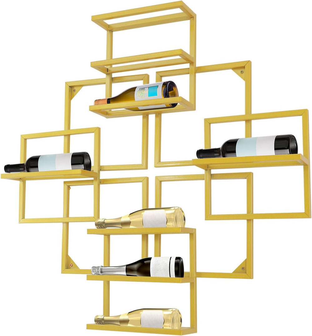 Modern Wall Mounted Wine Rack, Geometric Gold Steel Wine Storage Shelf with 8...