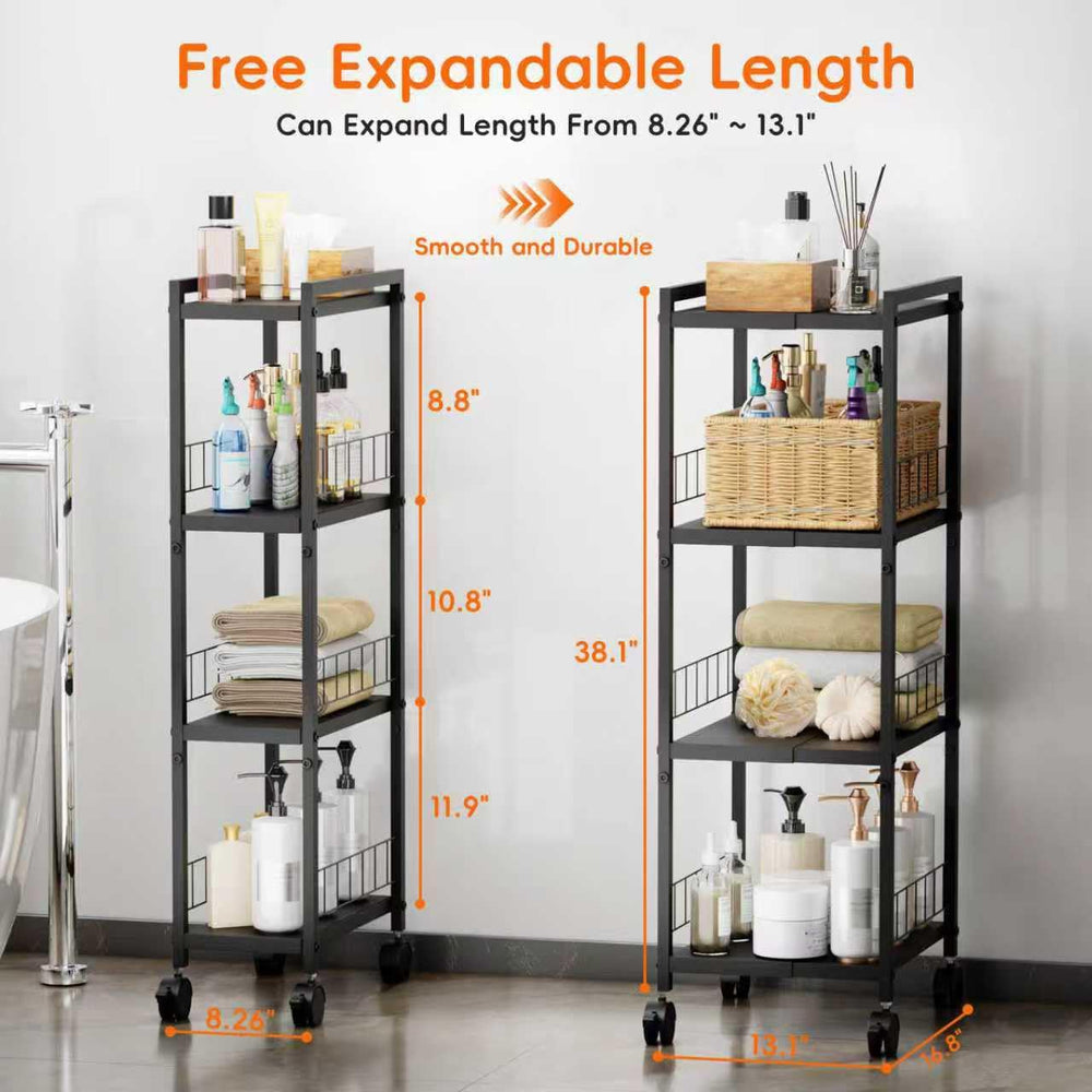 Expandable Slim Storage Cart with Wheels, 4 Tier Narrow Metal Rolling Utility...