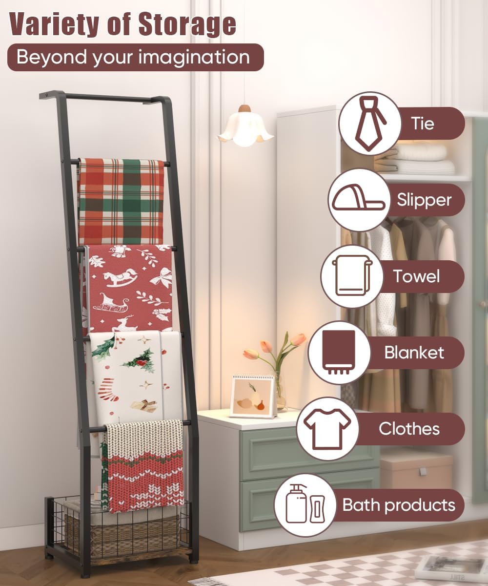 6.3ft Blanket Ladder with Storage Basket, 5 Tier Decorative Ladder Shelf Stan...