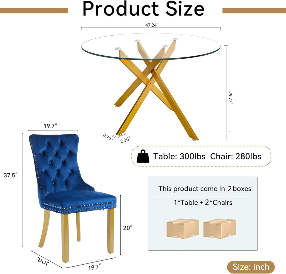 Glass Dining Room Table Set for 2, 47" Circle Glass Dining Table for 2 w...