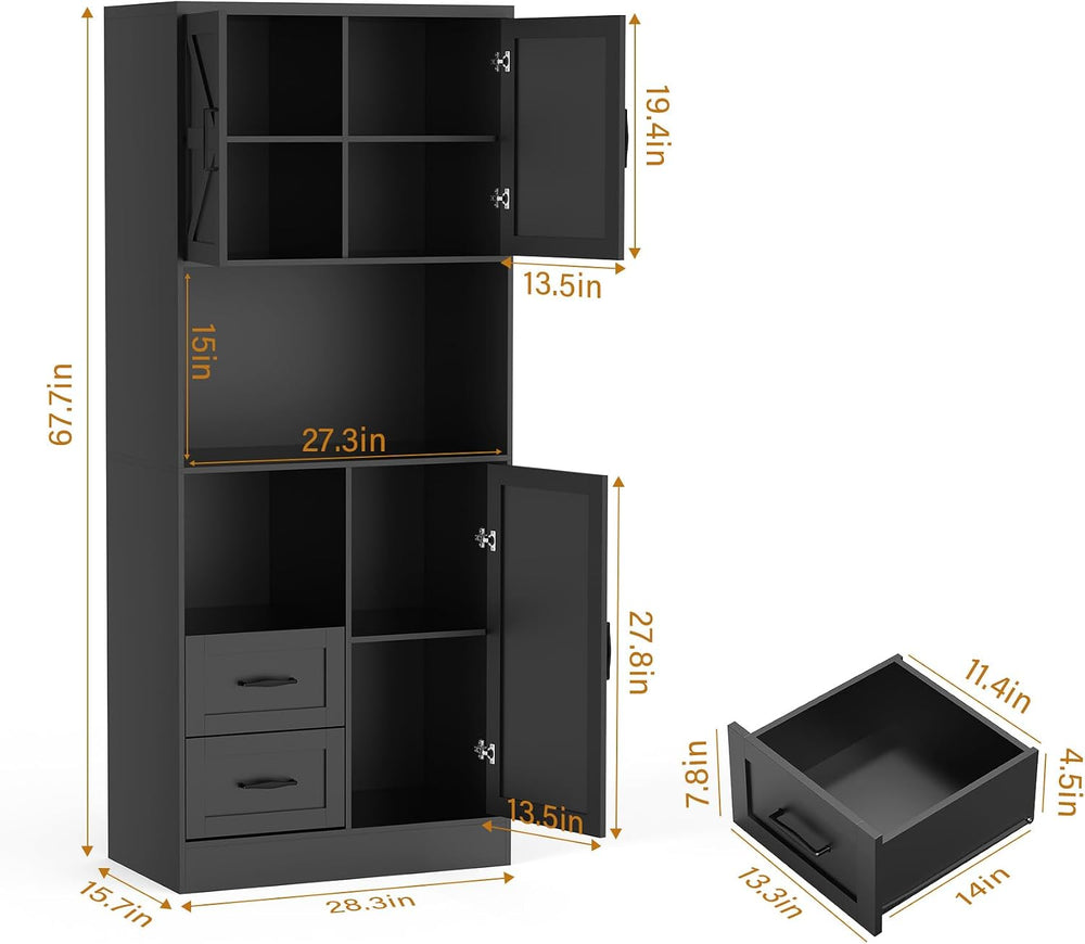 Bigbiglife Farmhouse Kitchen Pantry Cabinet with LED Lights and Power Strip, ...