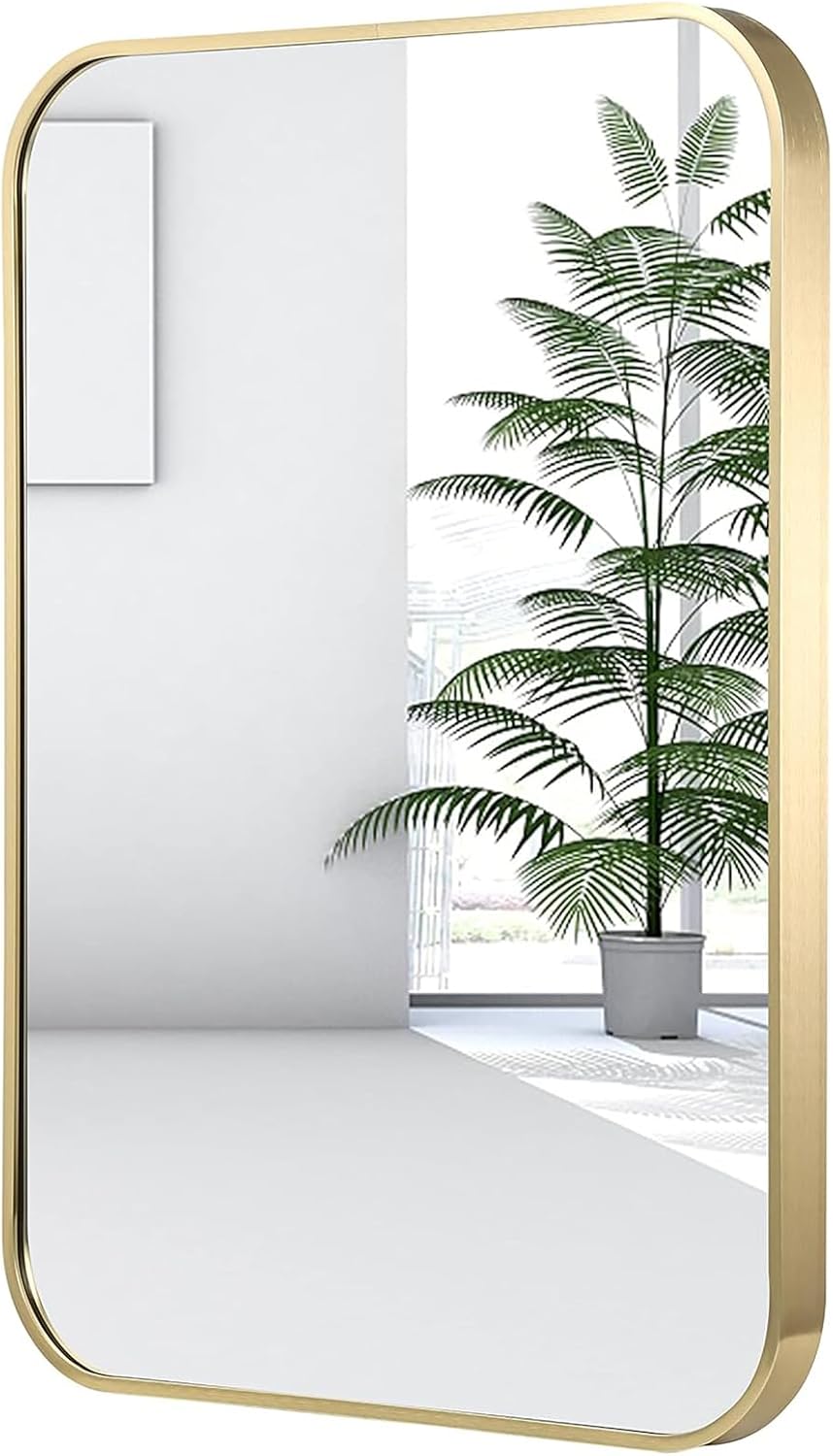 22x30 Inch Gold Bathroom Mirror, Brushed Brass Gold Metal Framed Rectangular ...