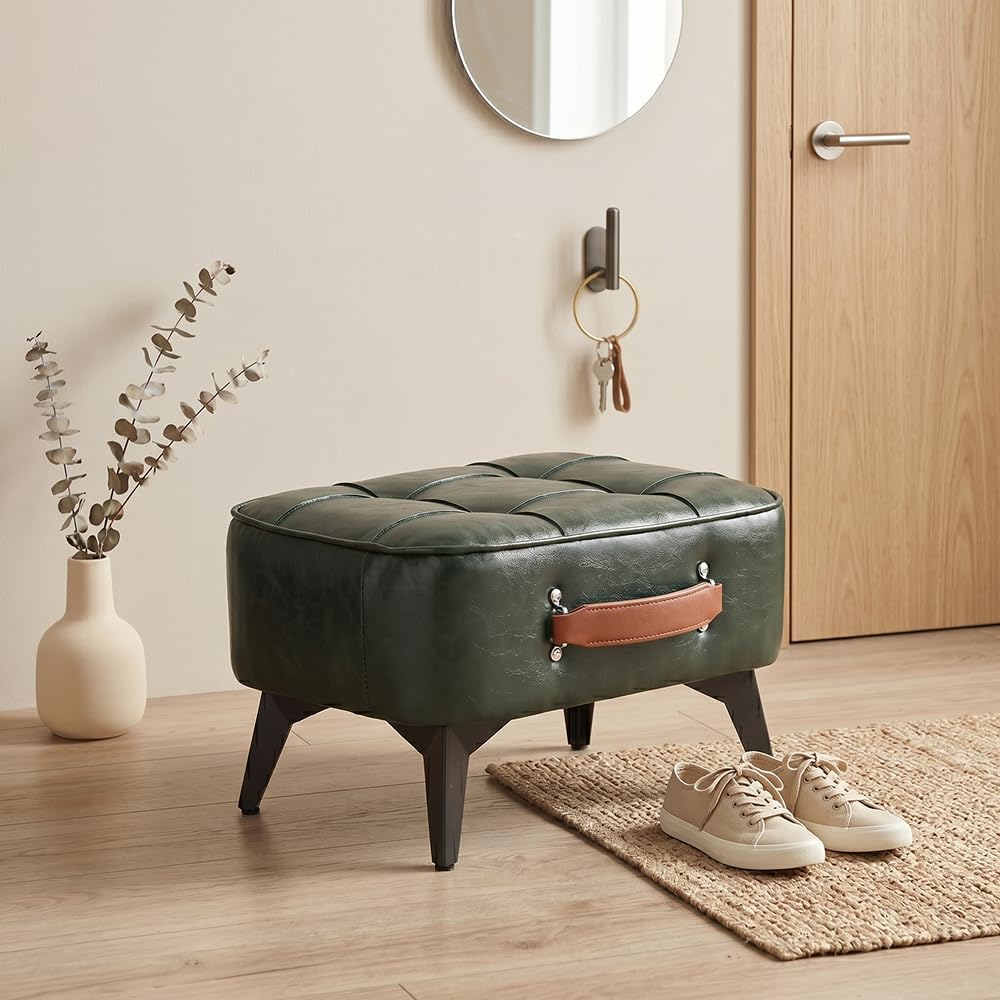 Vintage Style Faux Leather Ottoman Footstool - Wooden Frame, Upholstered Inte...