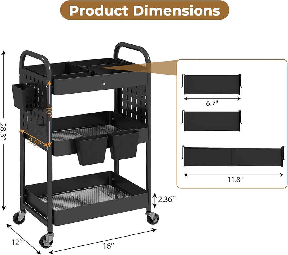 danpinera Craft Cart, Black Rolling Cart with Retractable Dividers & DIY ...