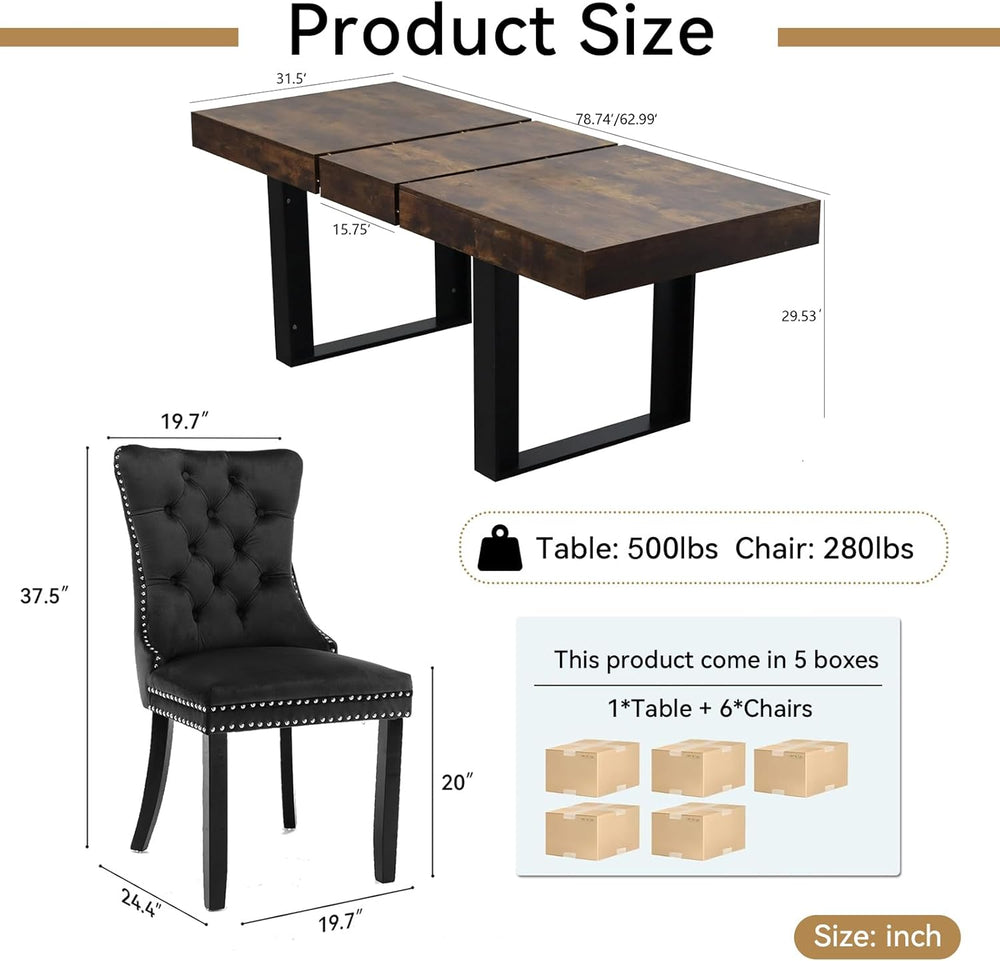 63"-78.7" Extendable Dining Table Set of 6, Rustic Brown Kitchen Di...