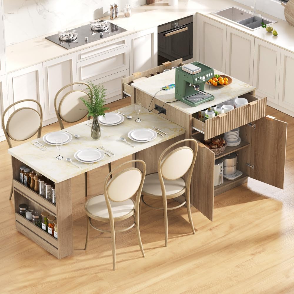 Kitchen Island, 82.6-Inch Natural with Extendable Dining Table and Outlet | F...