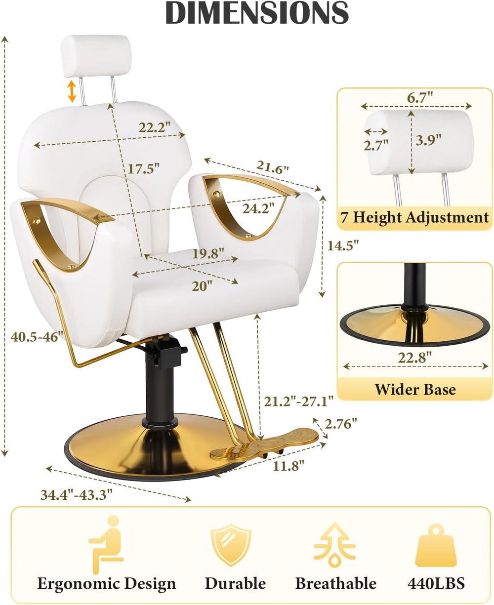 Salon Barber Chair for Hair Stylist, White Styling Chair with HeightโAdjustab...