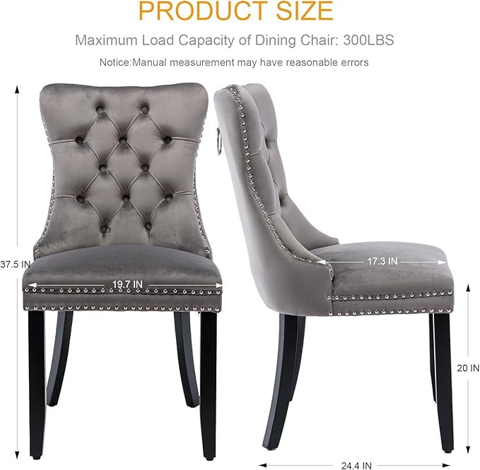 Grey Velvet Dining Chairs Set of 2, Tufted Upholstered Dining Room Chairs wit...